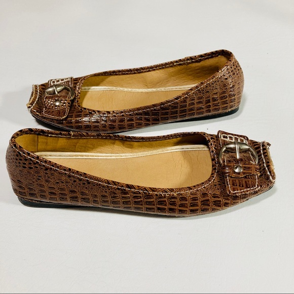 Brown Embossed Crocodile Print Buckle Flats - Picture 2 of 5